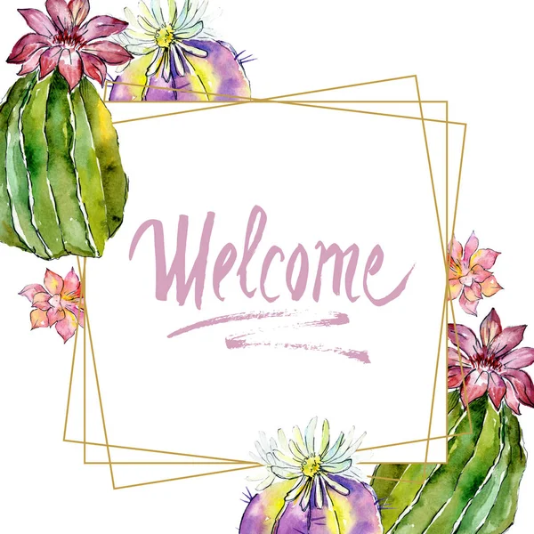 Cactus verdes aislados en blanco. Ilustración de fondo acuarela. Acuarela dibujo moda aquarelle. Marco ornamento frontera. Inscripción de bienvenida - foto de stock