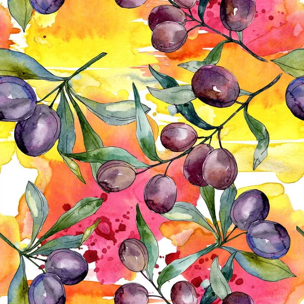 Olives noires sur les branches aux feuilles vertes. Jardin botanique feuillage floral. Illustration de fond aquarelle. Modèle de fond sans couture. Texture d'impression papier peint tissu . — Photo de stock