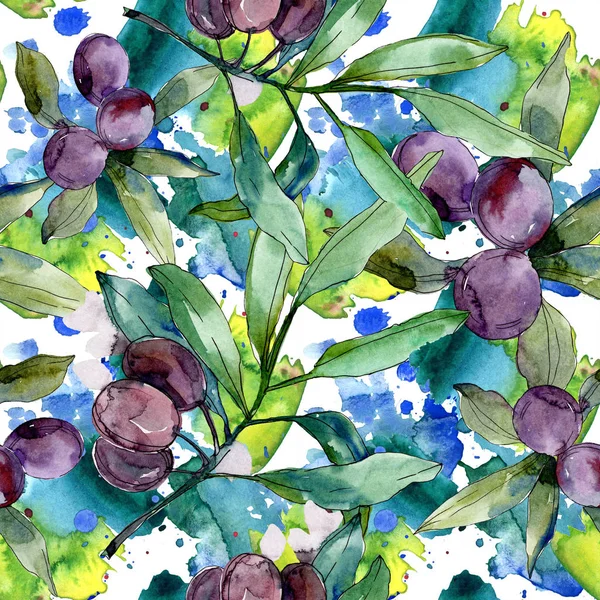 Olives noires sur les branches aux feuilles vertes. Jardin botanique feuillage floral. Illustration de fond aquarelle. Modèle de fond sans couture. Texture d'impression papier peint tissu . — Photo de stock