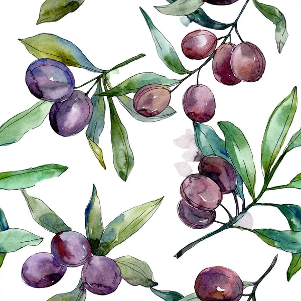 Black olives on branches with green leaves. Botanical garden floral foliage. Watercolor background illustration. Seamless background pattern. Fabric wallpaper print texture. — Stock Photo
