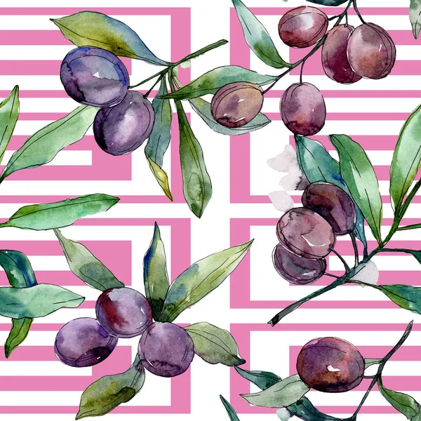 Black olives on branches with green leaves. Botanical garden floral foliage. Watercolor background illustration. Seamless background pattern. Fabric wallpaper print texture. — Stock Photo