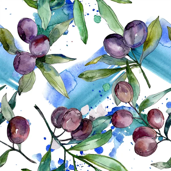 Olives noires sur les branches aux feuilles vertes. Jardin botanique feuillage floral. Illustration de fond aquarelle. Modèle de fond sans couture. Texture d'impression papier peint tissu . — Photo de stock