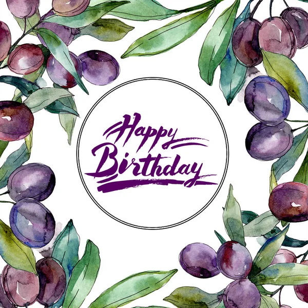 Olives on branches with green leaves. Botanical garden floral foliage. Watercolor background illustration. Round frame. Happy Birthday handwriting monogram calligraphy. — Stock Photo