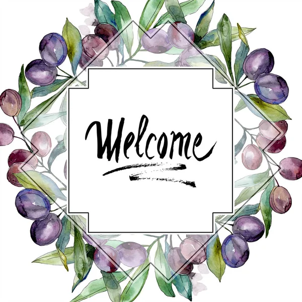 Olives on branches with green leaves. Botanical garden floral foliage. Watercolor illustration on white background. Square frame. Welcome handwriting monogram calligraphy. — Stock Photo
