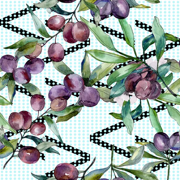 Black olives on branches with green leaves. Botanical garden floral foliage. Watercolor background illustration. Seamless background pattern. Fabric wallpaper print texture. — Stock Photo