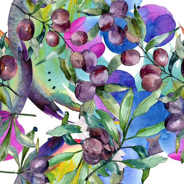 Schwarze Oliven auf Zweigen mit grünen Blättern. Botanischer Garten blühendes Laub. Aquarell-Hintergrundillustration. nahtlose Hintergrundmuster. Stoff Tapete drucken Textur. — Stockfoto
