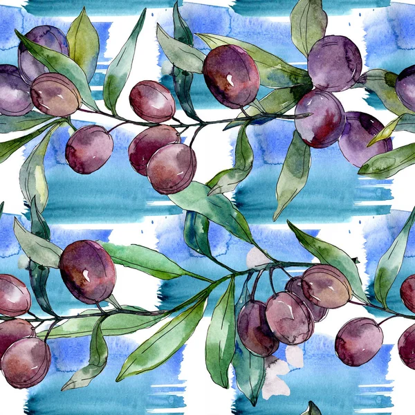 Olives noires sur les branches aux feuilles vertes. Jardin botanique feuillage floral. Illustration de fond aquarelle. Modèle de fond sans couture. Texture d'impression papier peint tissu . — Photo de stock