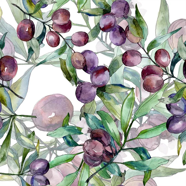 Black olives on branches with green leaves. Botanical garden floral foliage. Watercolor background illustration. Seamless background pattern. Fabric wallpaper print texture. — Stock Photo