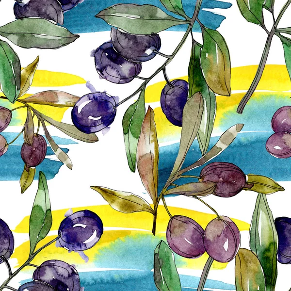 Olives noires sur les branches aux feuilles vertes. Jardin botanique feuillage floral. Illustration de fond aquarelle. Modèle de fond sans couture. Texture d'impression papier peint tissu . — Photo de stock