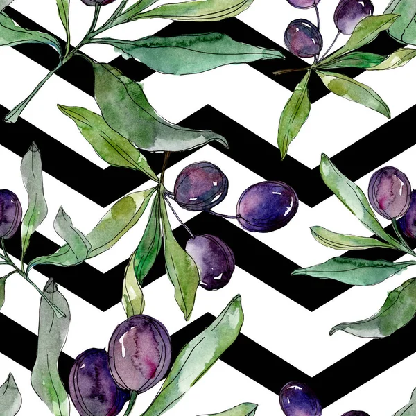 Olives noires sur les branches aux feuilles vertes. Jardin botanique feuillage floral. Illustration de fond aquarelle. Modèle de fond sans couture. Texture d'impression papier peint tissu . — Photo de stock