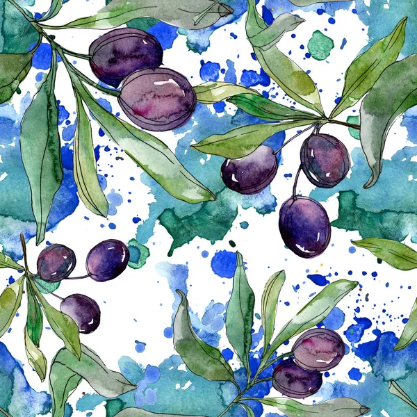 Olives noires sur les branches aux feuilles vertes. Jardin botanique feuillage floral. Illustration de fond aquarelle. Modèle de fond sans couture. Texture d'impression papier peint tissu . — Photo de stock