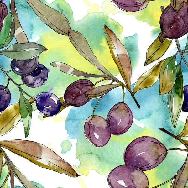 Olives noires sur les branches aux feuilles vertes. Jardin botanique feuillage floral. Illustration de fond aquarelle. Modèle de fond sans couture. Texture d'impression papier peint tissu . — Photo de stock