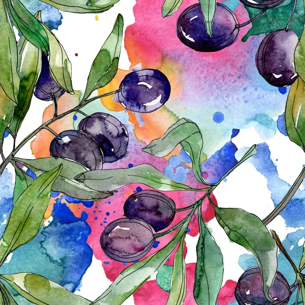 Olives noires sur les branches aux feuilles vertes. Jardin botanique feuillage floral. Illustration de fond aquarelle. Modèle de fond sans couture. Texture d'impression papier peint tissu . — Photo de stock