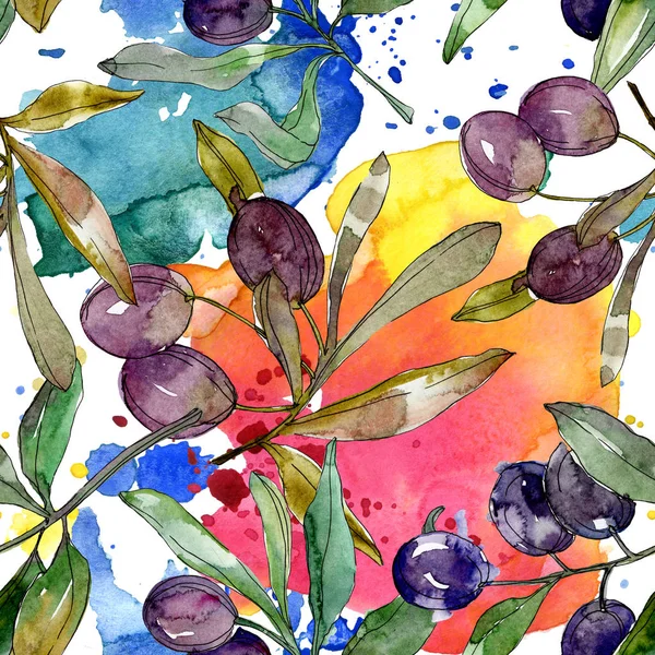 Schwarze Oliven auf Zweigen mit grünen Blättern. Botanischer Garten blühendes Laub. Aquarell-Hintergrundillustration. nahtlose Hintergrundmuster. Stoff Tapete drucken Textur. — Stockfoto