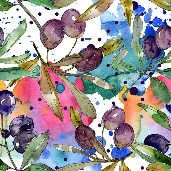 Olives noires sur les branches aux feuilles vertes. Jardin botanique feuillage floral. Illustration de fond aquarelle. Modèle de fond sans couture. Texture d'impression papier peint tissu . — Photo de stock