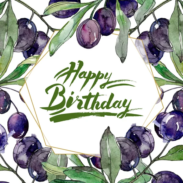 Olives on branches with green leaves. Botanical garden floral foliage. Watercolor illustration on white background. Frame golden crystal. Happy Birthday handwriting monogram calligraphy. — Stock Photo