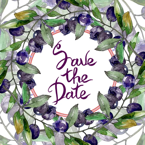 Olives on branches with green leaves. Botanical garden floral foliage. Watercolor illustration on white background. Round frame. Save the date inscription — Stock Photo