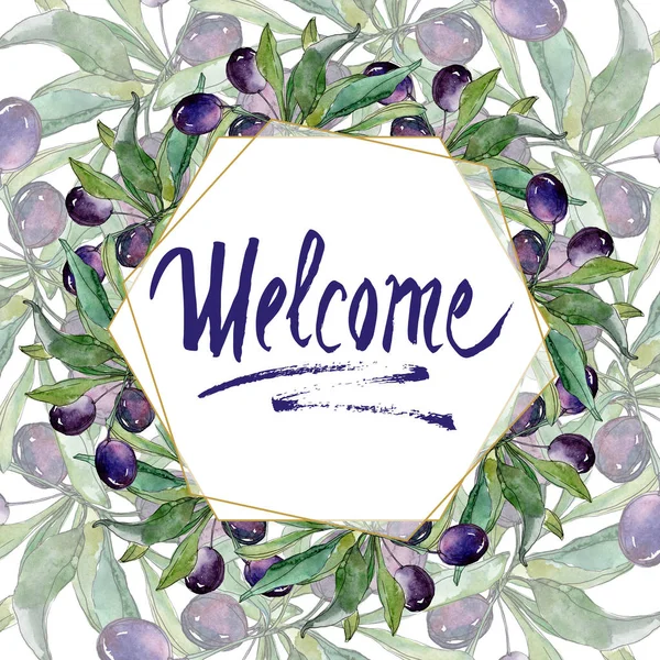 Black olives on branches with green leaves. Botanical garden floral foliage. Watercolor illustration on white background. Welcome inscription — Stock Photo