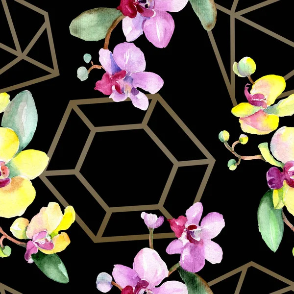Schöne Orchideenblüten mit grünen Blättern. Aquarell-Hintergrundillustration. nahtlose Hintergrundmuster. Stoff Tapete drucken Textur. — Stockfoto