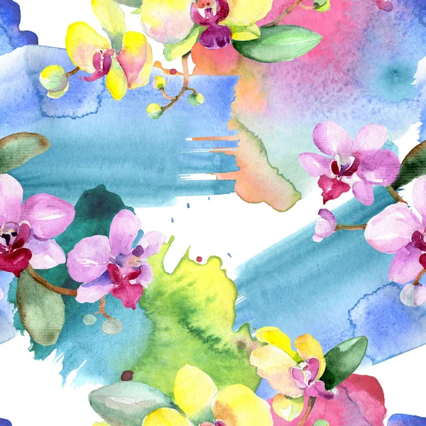 Bellissimi fiori di orchidea con foglie verdi. Illustrazione acquerello sfondo. Modello di sfondo senza soluzione di continuità. Tessuto carta da parati stampa texture . — Foto stock