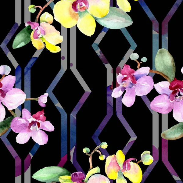 Schöne Orchideenblüten mit grünen Blättern. Aquarell-Hintergrundillustration. nahtlose Hintergrundmuster. Stoff Tapete drucken Textur. — Stockfoto