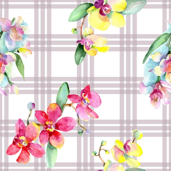 Belles fleurs d'orchidée avec des feuilles vertes. Illustration de fond aquarelle. Modèle de fond sans couture. Texture d'impression papier peint tissu . — Photo de stock