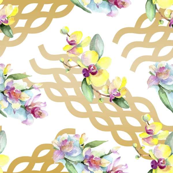 Schöne Orchideenblüten mit grünen Blättern. Aquarell-Hintergrundillustration. nahtlose Hintergrundmuster. Stoff Tapete drucken Textur. — Stockfoto