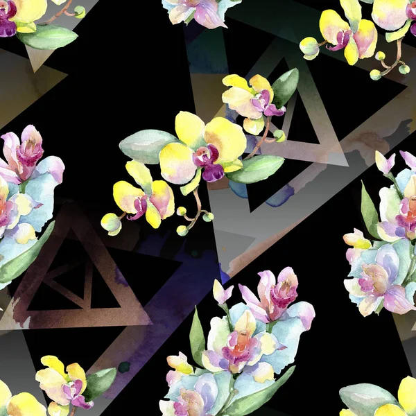 Bellissimi fiori di orchidea con foglie verdi. Illustrazione acquerello sfondo. Modello di sfondo senza soluzione di continuità. Tessuto carta da parati stampa texture . — Foto stock