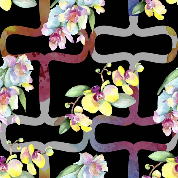 Beautiful orchid flowers with green leaves. Watercolor background illustration. Seamless background pattern. Fabric wallpaper print texture. — Stock Photo