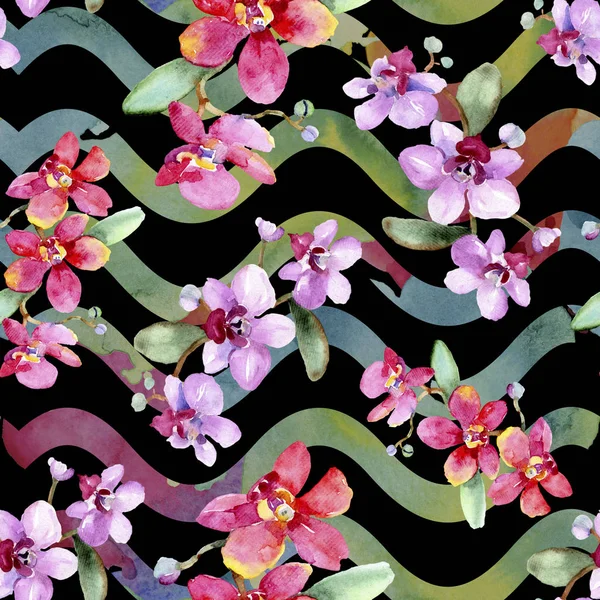 Schöne Orchideenblüten mit grünen Blättern. Aquarell-Hintergrundillustration. nahtlose Hintergrundmuster. Stoff Tapete drucken Textur. — Stockfoto