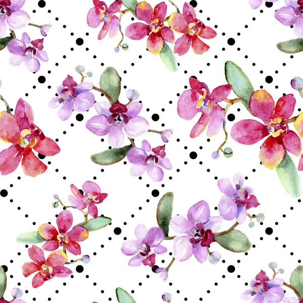 Beautiful orchid flowers with green leaves. Watercolor background illustration. Seamless background pattern. Fabric wallpaper print texture. — Stock Photo