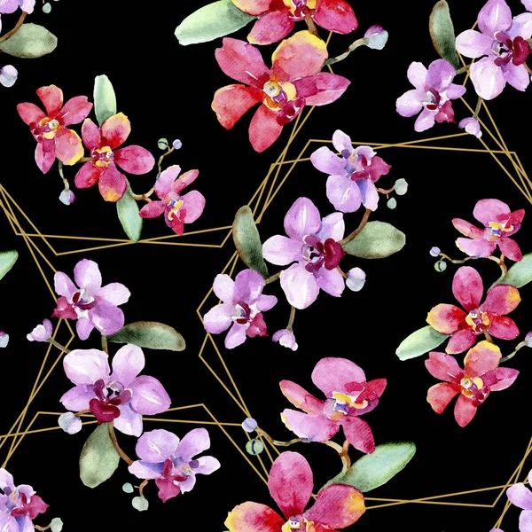 Hermosas flores de orquídea con hojas verdes. Ilustración de fondo acuarela. Patrón de fondo sin costuras. Textura de impresión de papel pintado de tela . - foto de stock