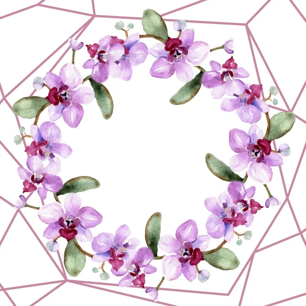 Schöne Orchideenblüten mit grünen Blättern isoliert auf weiß. Aquarell-Hintergrundillustration. Aquarell zeichnen Mode-Aquarell. Rahmen Bordüre Ornament. — Stockfoto