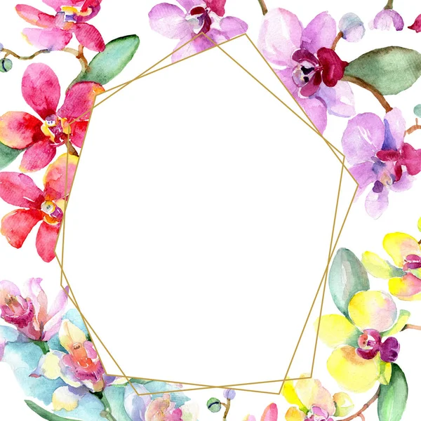 Beautiful orchid flowers with green leaves isolated on white. Watercolor background illustration. Watercolour drawing fashion aquarelle. Frame border ornament. — Stock Photo