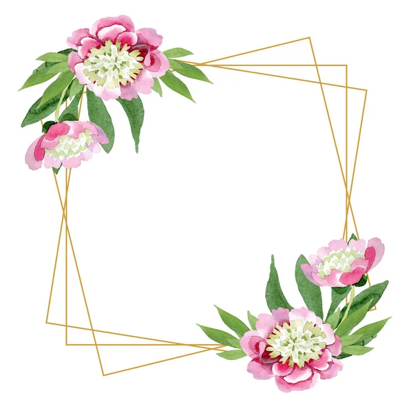 Schöne rosa Pfingstrosenblüten mit grünen Blättern auf weißem Hintergrund. Aquarell Zeichnung Aquarell. Rahmen Bordüre Ornament. Diamantschmuck mineralisch. — Stockfoto