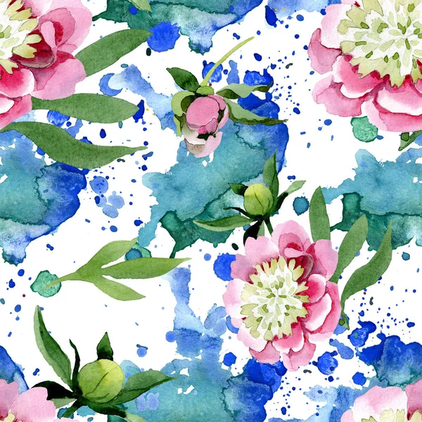 Schöne rosa Pfingstrosenblüten mit grünen Blättern auf weißem Hintergrund. Aquarell Zeichnung Aquarell. nahtlose Hintergrundmuster. Stoff Tapete drucken Textur. — Stockfoto