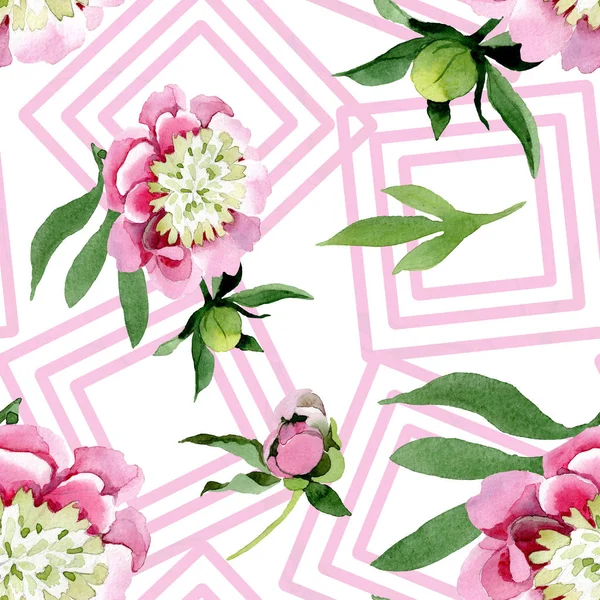 Beautiful pink peony flowers with green leaves isolated on white background. Watercolour drawing aquarelle. Seamless background pattern. Fabric wallpaper print texture. — Stock Photo