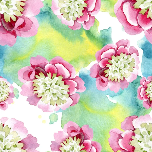 Beautiful pink peony flowers with green leaves isolated on white background. Watercolour drawing aquarelle. Seamless background pattern. Fabric wallpaper print texture. — Stock Photo