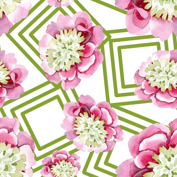 Hermosas flores de peonía rosa con hojas verdes aisladas sobre fondo blanco. acuarela dibujo acuarela. Patrón de fondo sin costuras. Textura de impresión de papel pintado de tela . - foto de stock
