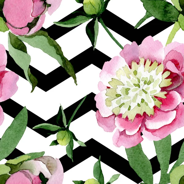 Beautiful pink peony flowers with green leaves isolated on white background. Watercolour drawing aquarelle. Seamless background pattern. Fabric wallpaper print texture. — Stock Photo