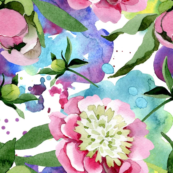 Цветки розового пиона с зелеными листьями изолированы на белом фоне. Акварель для рисования акварелью. Бесшовный рисунок фона. Текстура ткани для печати обоев . — стоковое фото