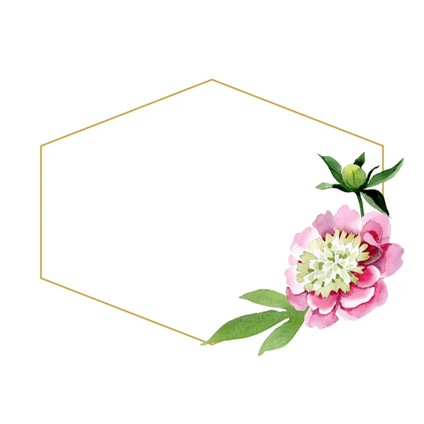 Bellissimo fiore di peonia rosa con bocciolo e foglie verdi isolate su sfondo bianco. Acquerello disegno acquerello. Inquadrare ornamento bordo. Minerale gioielli diamante . — Foto stock
