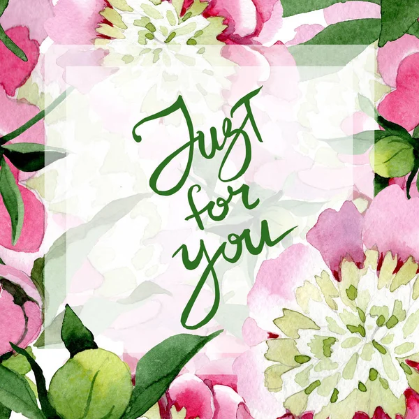 Красиві рожеві півонійні квіти з зеленим листям ізольовані на білому тлі. Акварель для малювання акварелі. Каркасний прикордонний орнамент. Тільки для вас напис для почерку — стокове фото