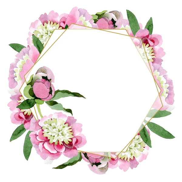 Schöne rosa Pfingstrosenblüten mit grünen Blättern auf weißem Hintergrund. Aquarell Zeichnung Aquarell. Rahmen Bordüre Ornament. — Stockfoto