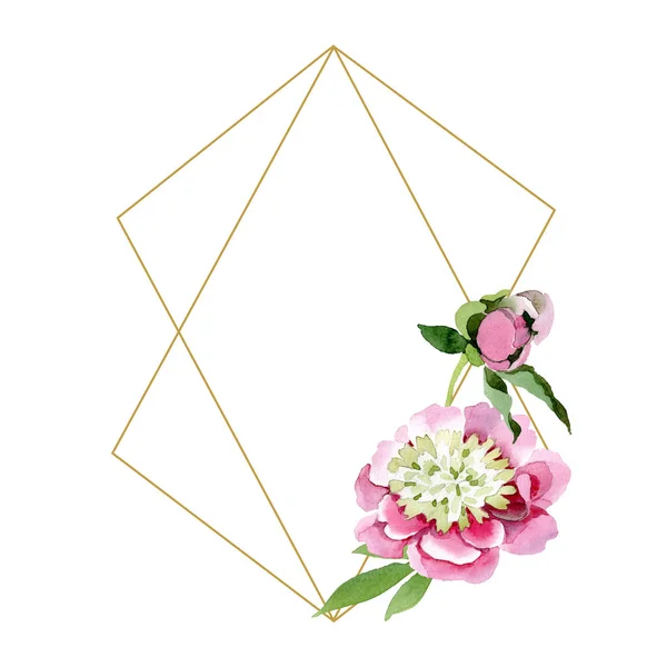 Beautiful pink peony flowers with green leaves isolated on white background. Watercolour drawing aquarelle. Frame border ornament. Diamond jewelry mineral. — Stock Photo