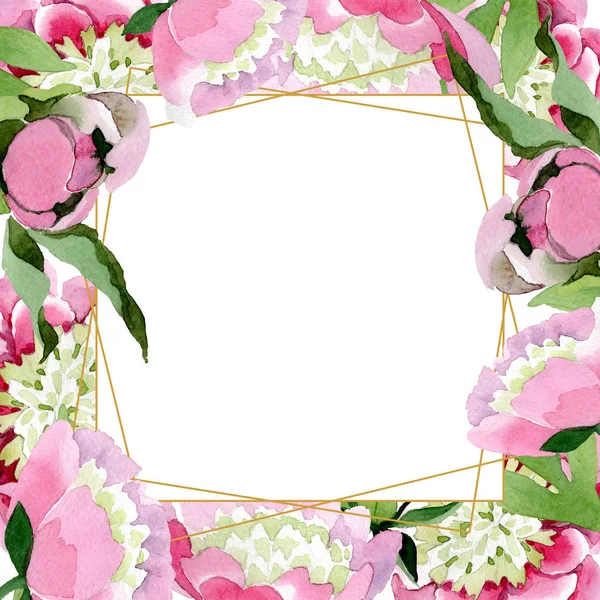 Bellissimi fiori di peonia rosa con foglie verdi isolate su sfondo bianco. Acquerello disegno acquerello. Ornamento bordo cornice . — Foto stock