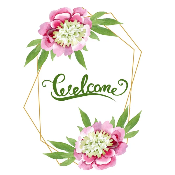 Beautiful pink peony flowers with green leaves isolated on white background. Watercolour drawing aquarelle. Frame border ornament. Welcome handwriting calligraphy — Stock Photo