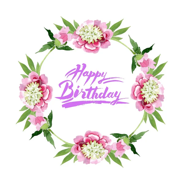 Beautiful pink peony flowers with green leaves isolated on white background. Watercolour drawing aquarelle. Frame border ornament. Happy birthday handwriting calligraphy — Stock Photo