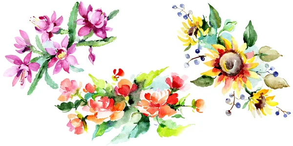 Beautiful watercolor flowers on white background. Watercolour drawing aquarelle illustration. Isolated bouquet of flowers illustration element. — Stock Photo
