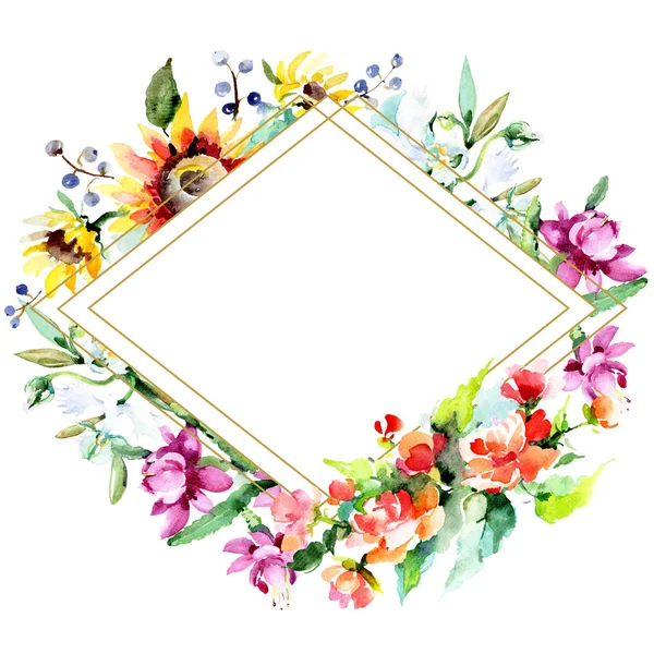 Beautiful watercolor flowers on white background. Watercolour drawing aquarelle. Isolated bouquet of flowers illustration element. Frame border ornament. — Stock Photo
